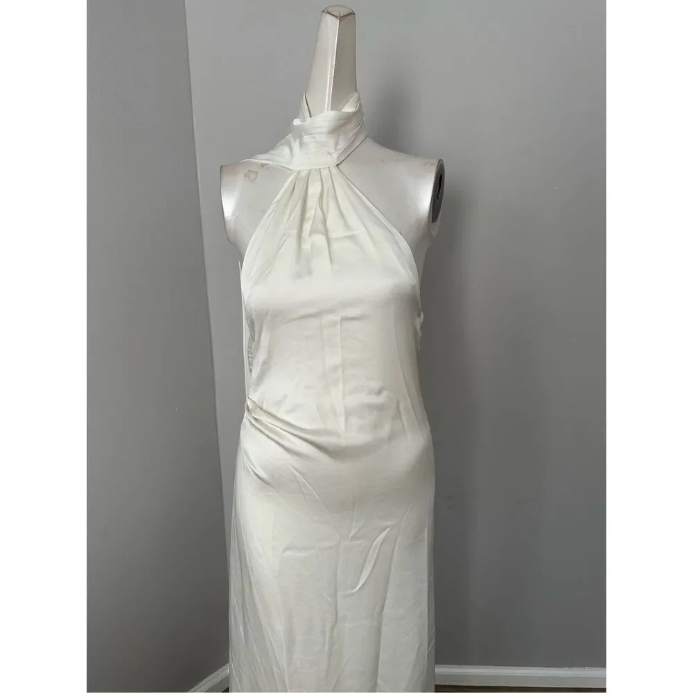 NWT Jonathan Simkhai Open Back Satin Vittoria Draped Scarf Maxi Gown Ivory Sz 0